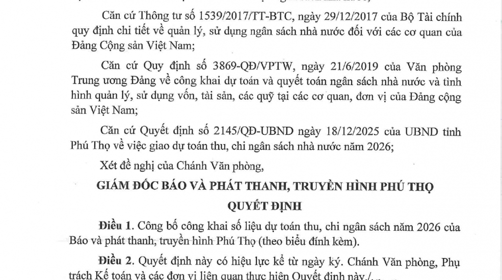 Dự toán thu, chi ngân sách năm 2026 của Báo và phát thanh, truyền hình Phú Thọ