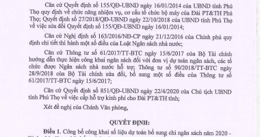Quyết định về việc công bố công khai dự toán bổ sung chi ngân sách năm 2020 (Kinh phí cải tạo hệ thống ánh sáng cột phát sóng truyền hình tỉnh Phú Thọ)