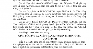 Quyết định về việc công bố công khai dự toán bổ sung chi ngân sách năm 2026 của Báo và phát thanh, truyền hình Phú Thọ - phục vụ tổ chức Hội thảo khoa học và thực tiễn “Chủ tịch Hồ Chí Minh với Khu di tích lịch sử quốc gia đặc biệt Đền Hùng