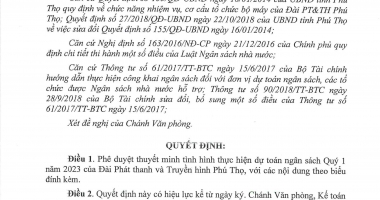 Quyết định về việc phê duyệt thuyết minh tình hình thực hiện dự toán ngân sách Quý 1 năm 2023 của Đài Phát thanh và Truyền hình Phú Thọ