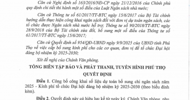 Quyết định về việc công bố công khai dự toán bổ sung chi ngân sách năm 2025 (Kinh phí tổ chức Đại hội đảng bộ nhiệm kỳ 2025-2030) của Báo và Phát thanh, Truyền hình Phú Thọ
