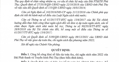 Quyết định về việc công bố công khai dự toán thu, chi ngân sách năm 2022 của Đài Phát thanh và Truyền hình Phú Thọ