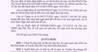 QUYẾT ĐỊNH: Việc công bố công khai dự toán thu, chi ngân sách năm 2020 của Đài Phát thanh và Truyền hình Phú Thọ