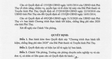 Quyết định về việc ban hành "Chương trình thực hành tiết kiệm, chống lãng phí năm 2020" của Đài Phát thanh và Truyền hình tỉnh Phú Thọ