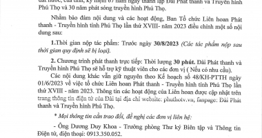 Thông báo về việc tổ chức liên hoan Phát thanh - Truyền hình tỉnh Phú Thọ lần thứ XVIII - năm 2023
