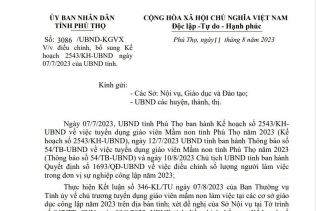 Điều chỉnh, bổ sung kế hoạch 2543/KH-UBND ngày 07/7/2023 của UBND tỉnh về việc tuyển dụng giáo viên Mầm non tỉnh Phú Thọ năm 2023
